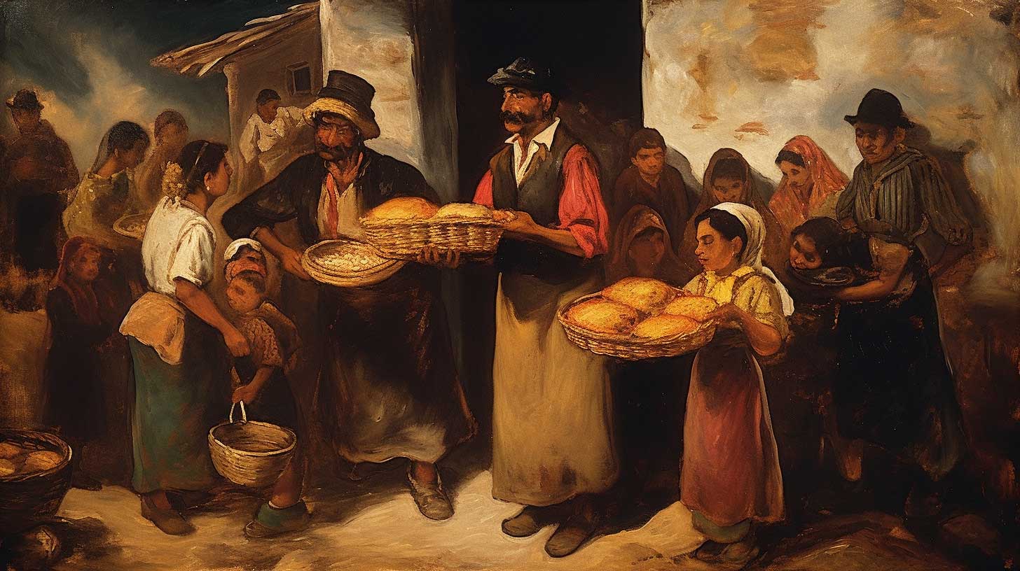 A parable painting of a generous baker giving out bread to the needy in Mexico.