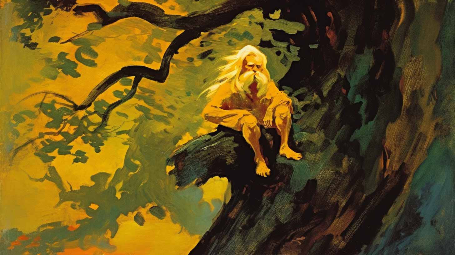 Painting of a Viking warrior sitting in an oak tree.