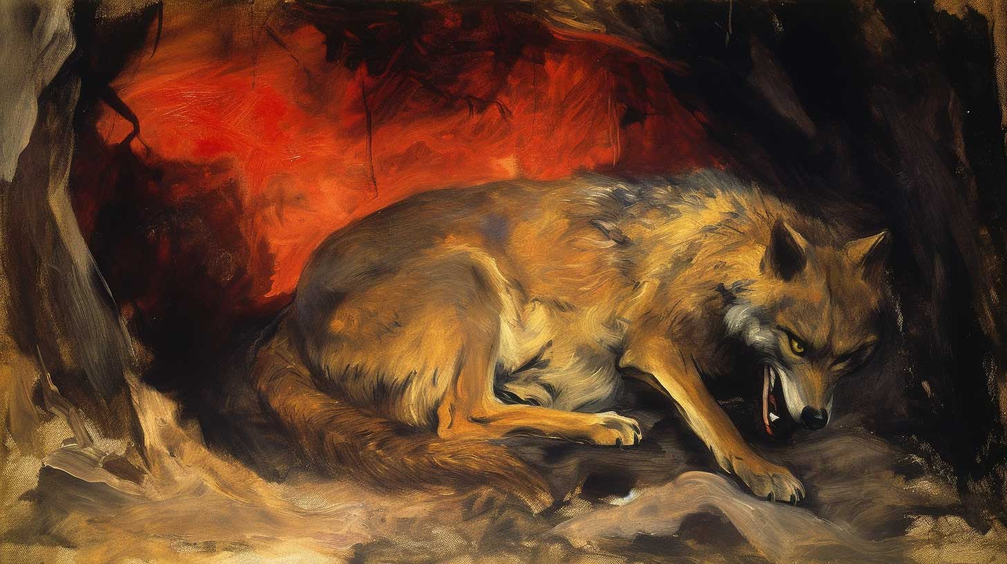 Painting of the clever jackal "dusty" from the Indian fable in the Panchatantra.