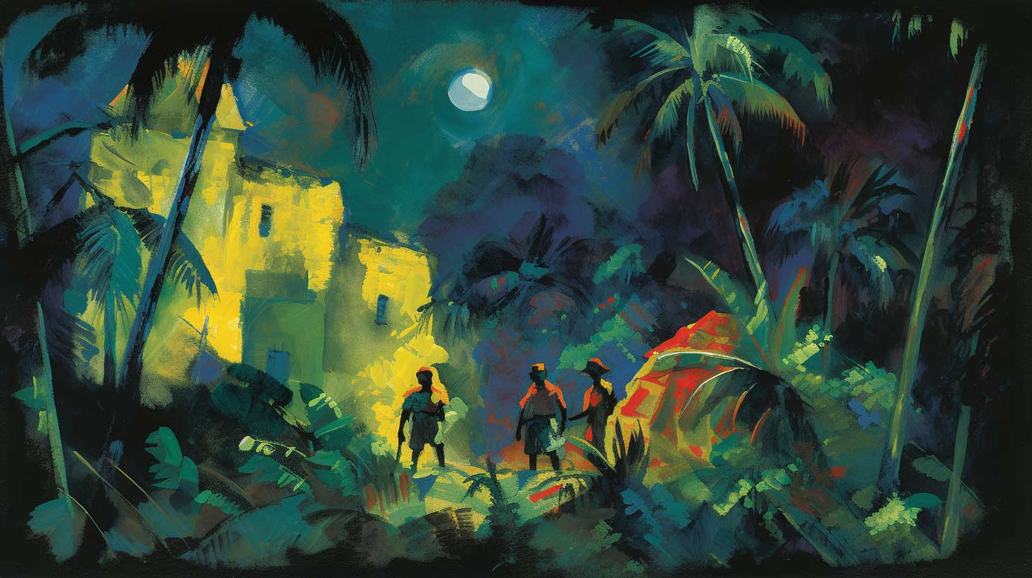 Illustration of the wealthy man's castle in the Mexican Fable of the Complacent and the Thieves.