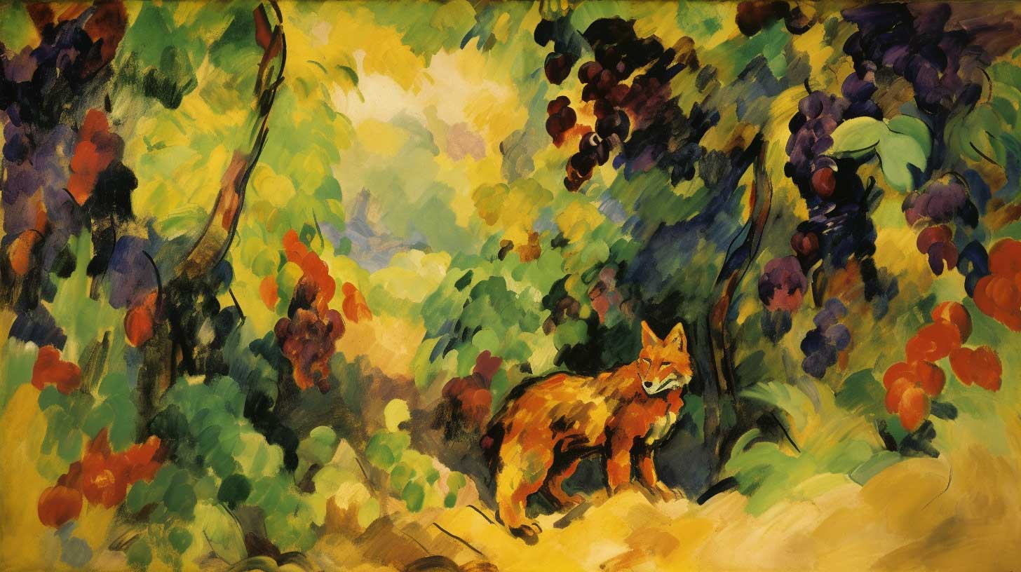 Painting of a fox and grapes from La Fontaine's classic French fable.