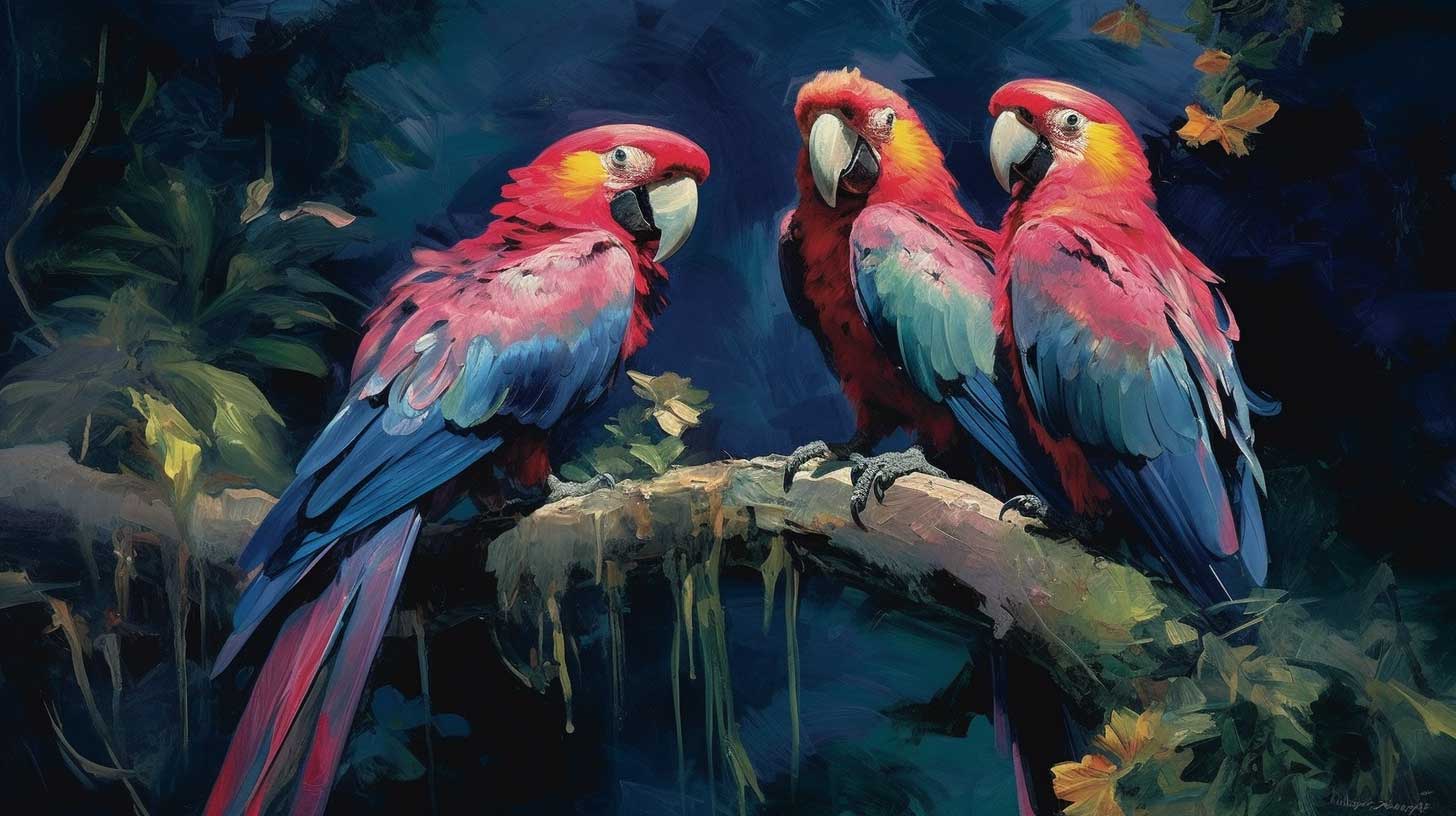 Painting of the king and his parrots, from the old Indian fable in the Panchatantra.