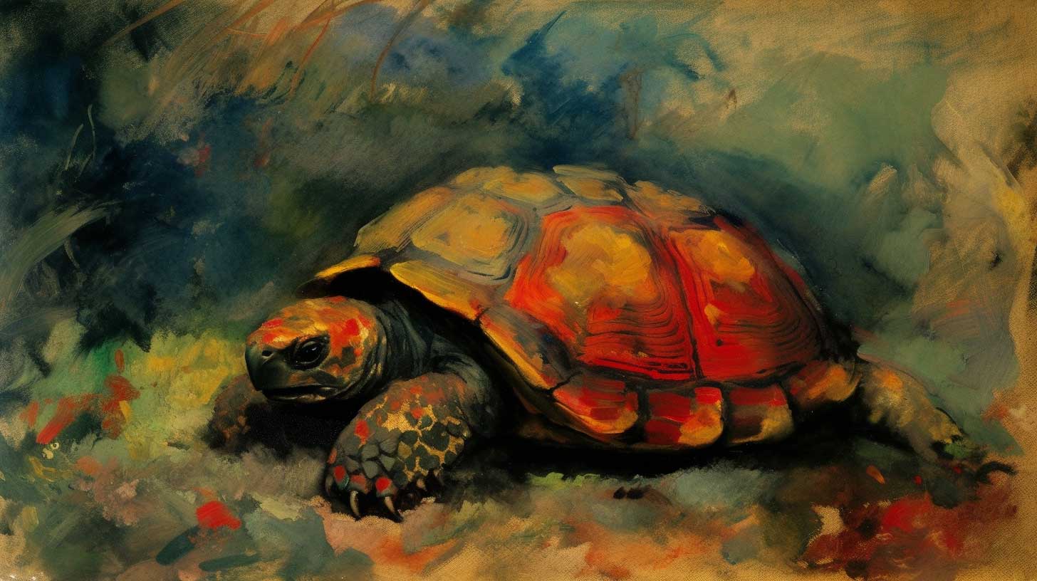 A painting of the talkative turtle from the Indian fable from the Panchatantra.