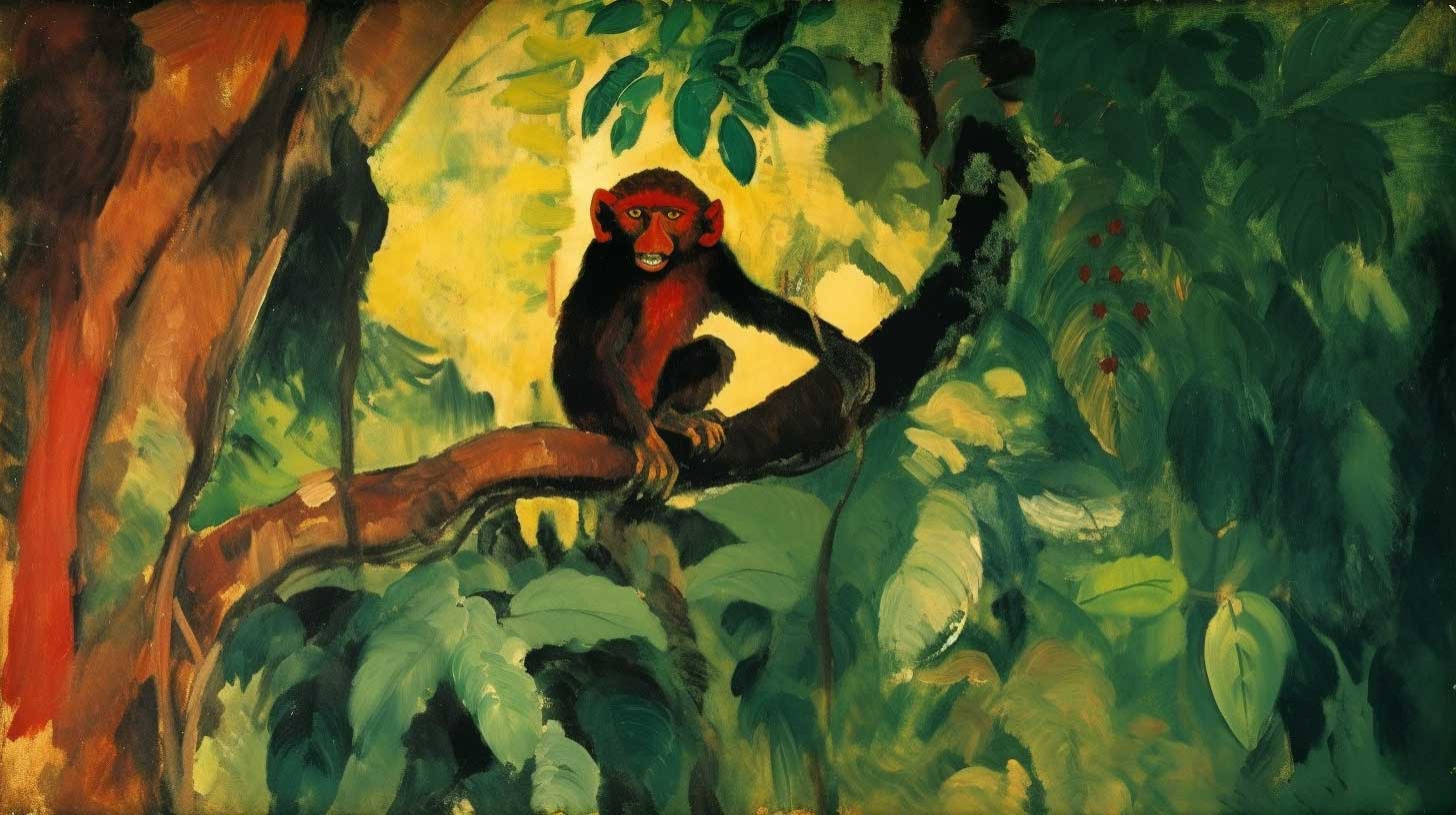 Painting of the monkey from The Monkey and the Crocodile, an Indian fable from the Panchatantra.