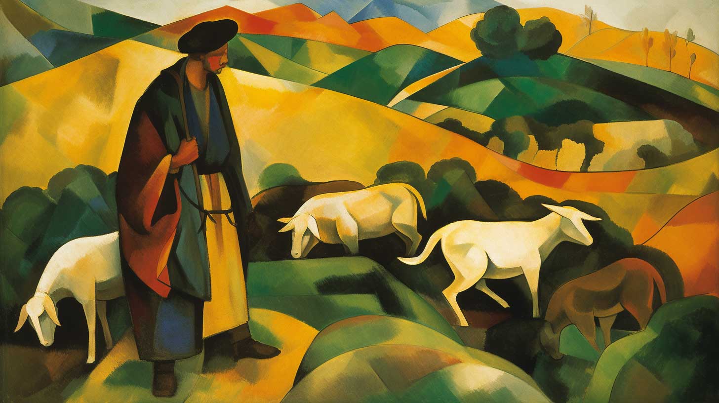 Painting of the sheepherder with a plentiful flock from the Parable of the Ewe Lamb.