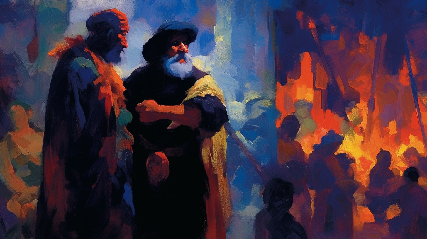 A traveller and a citizen argue with one another in a crowded marketplace. Painted by Juan Artola Miranda.
