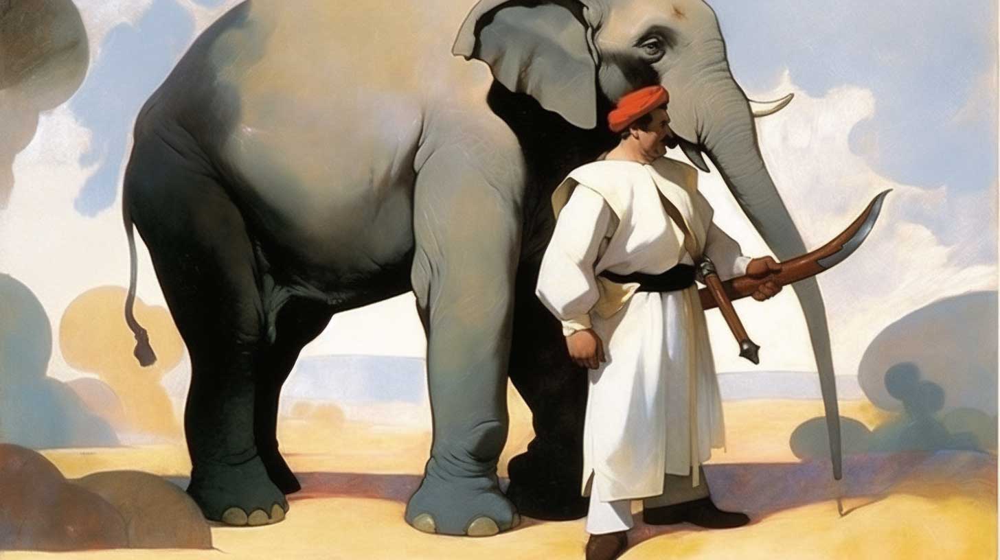 Painting of a wise man who discovers an elephant tethered by the very thinnest of ropes.