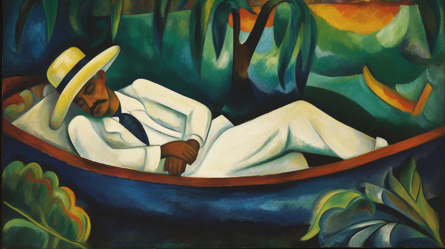 A painting of the fisherman sleeping in a boat from John Lane's parable.