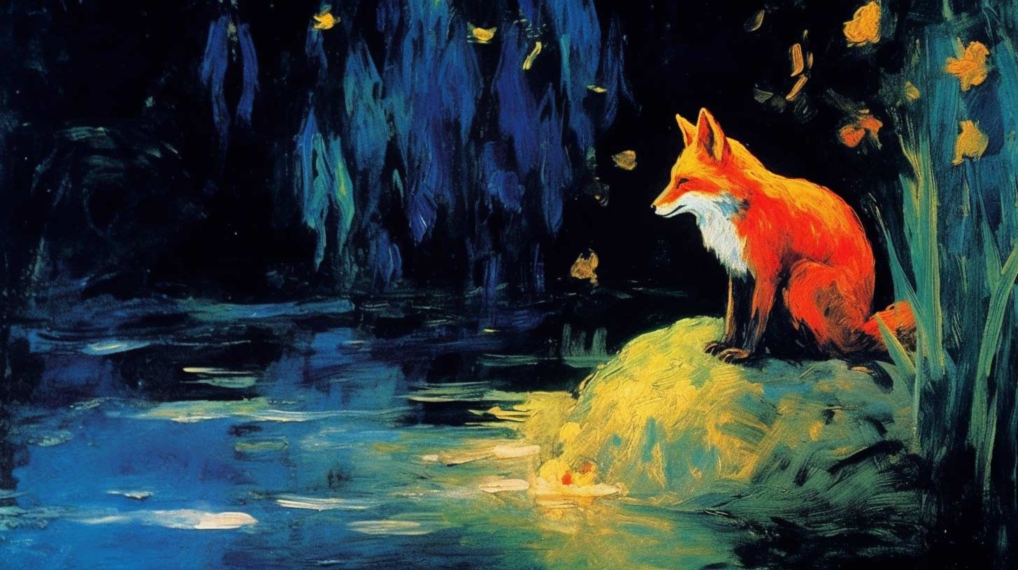 Illustration of a fox gazing into a river, trying to trick fish into leaving the water.
