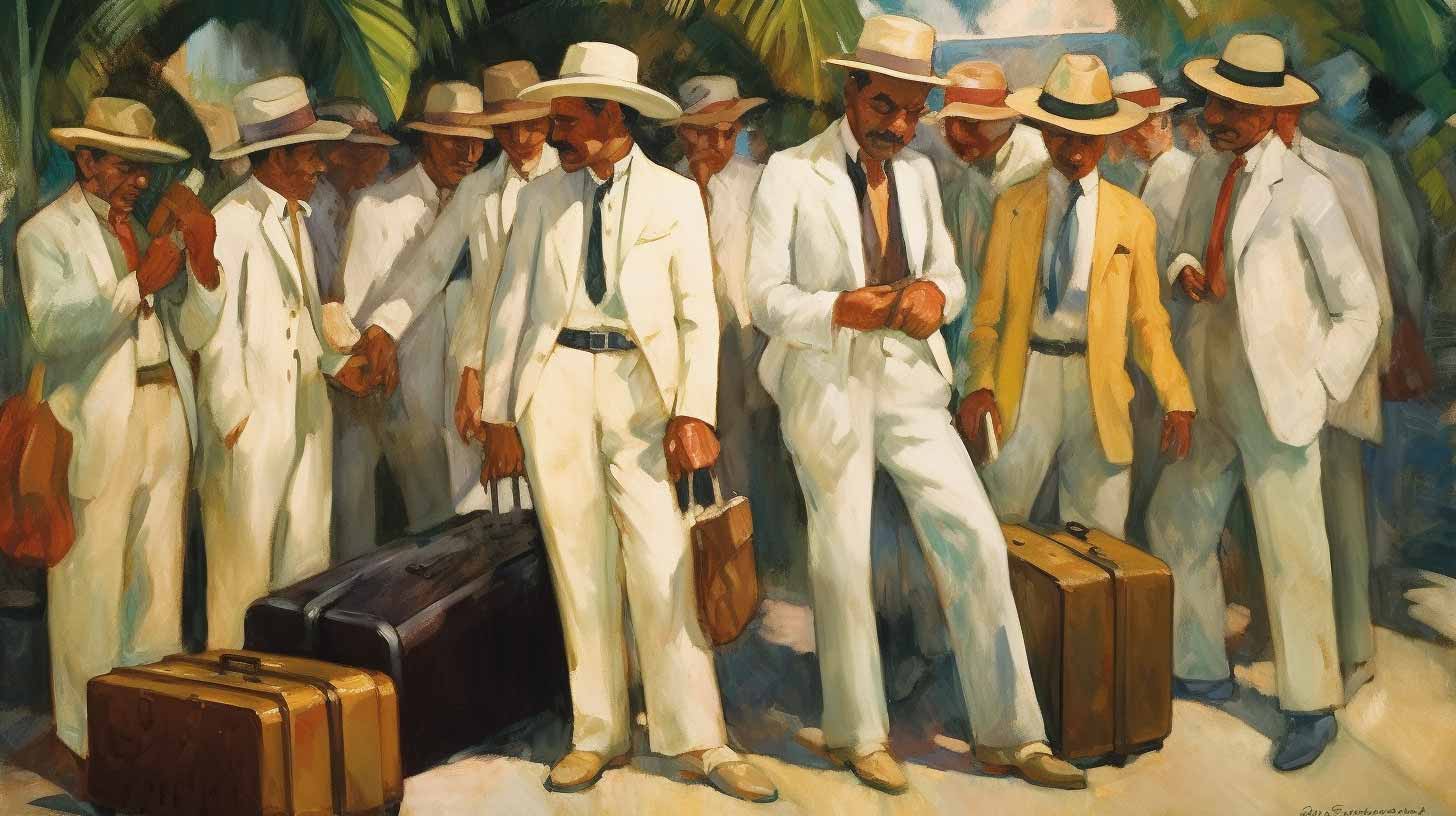 Painting of engineering professors milling around outside a plane.
