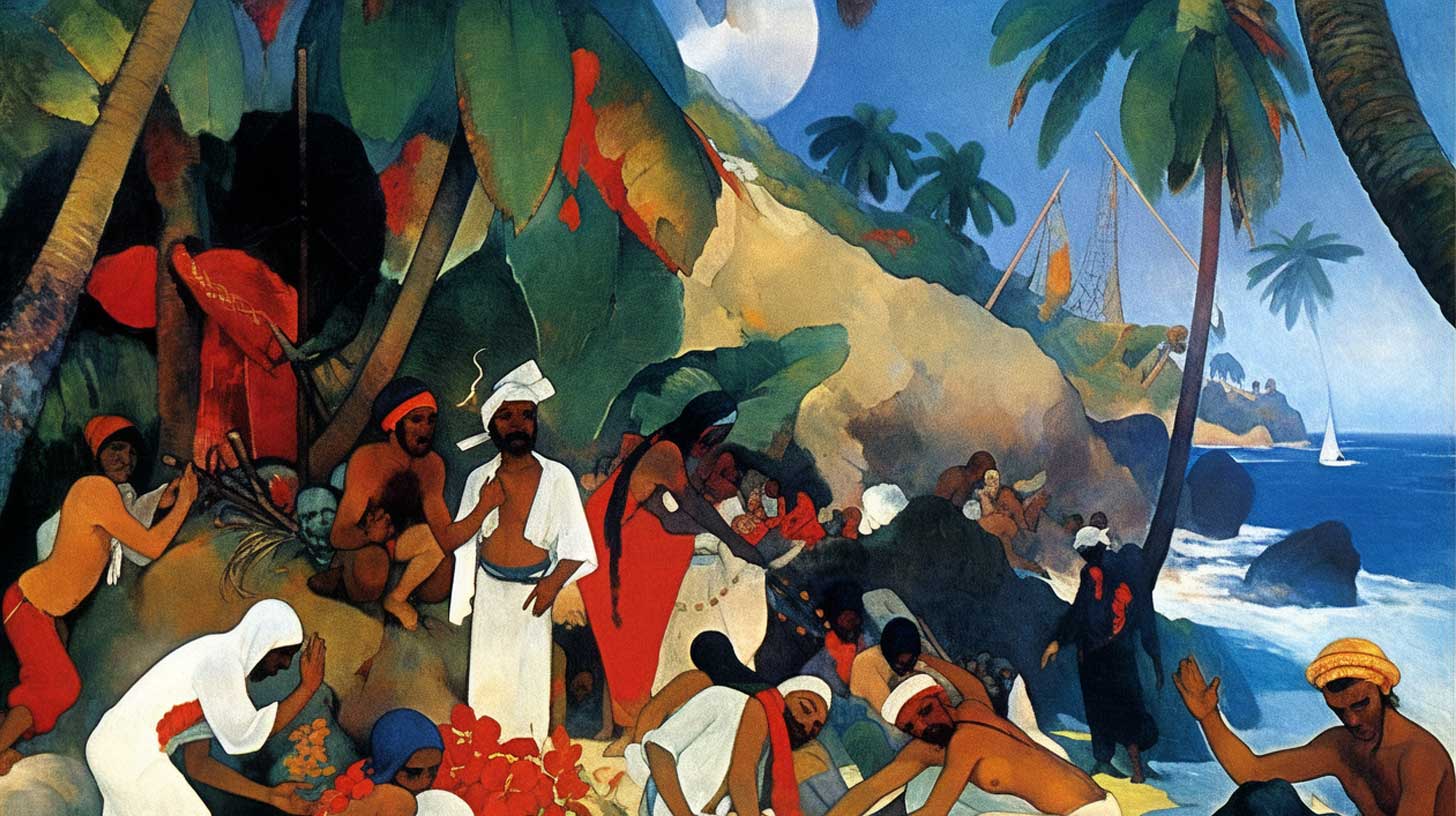 Painting of shipwrecked sailors on a desolate island.