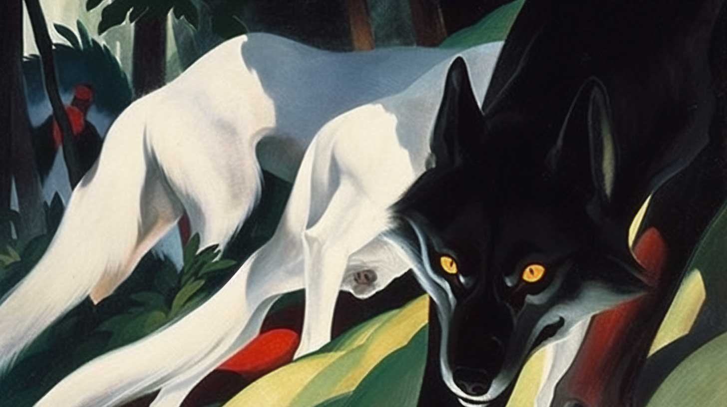 Painting of a dark evil wolf and a white good wolf fighting against one another.
