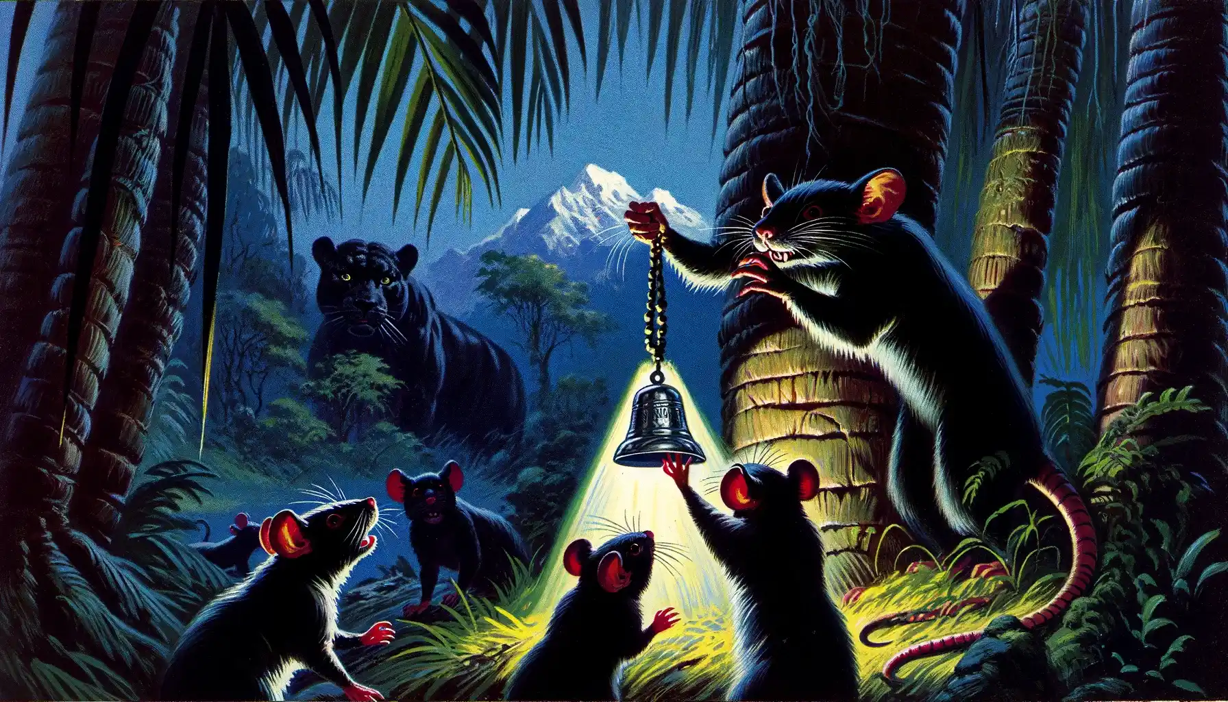 Illustration of a council of mice scheming about belling the cat.