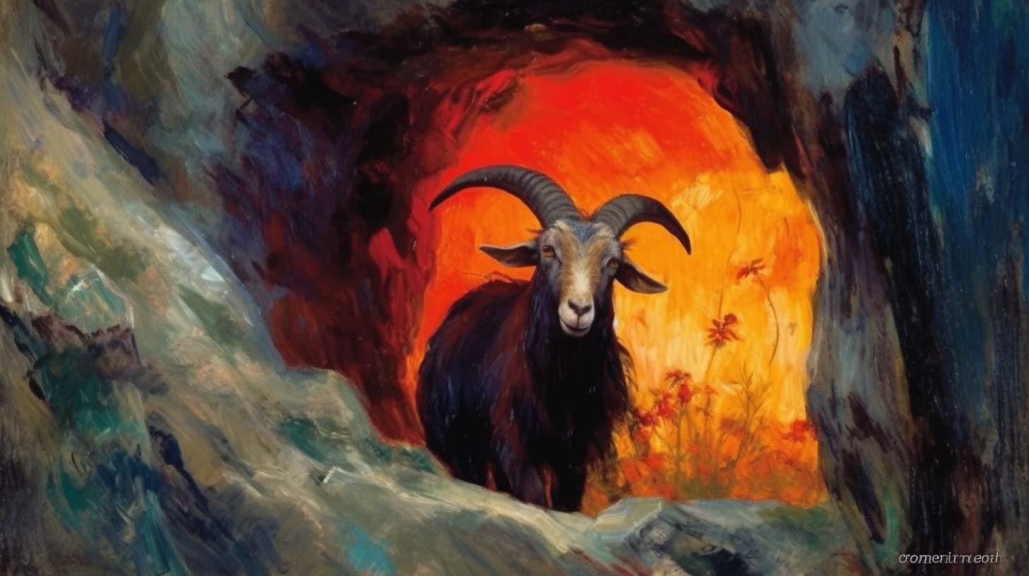 A billy goat staring down into a well. Painted by Juan Artola Miranda.