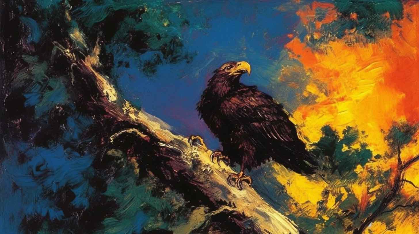 Painting of an eagle in a burning nest.