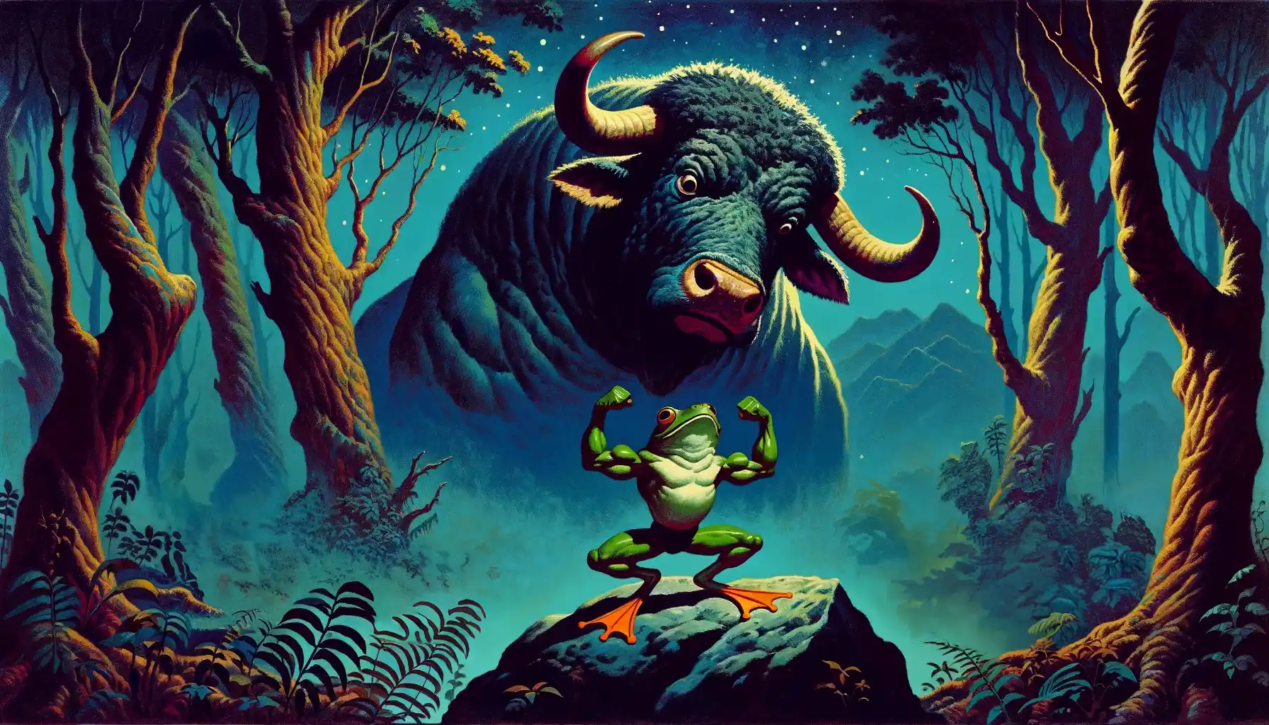 A painting of a frog flexing his muscles before a mighty ox.