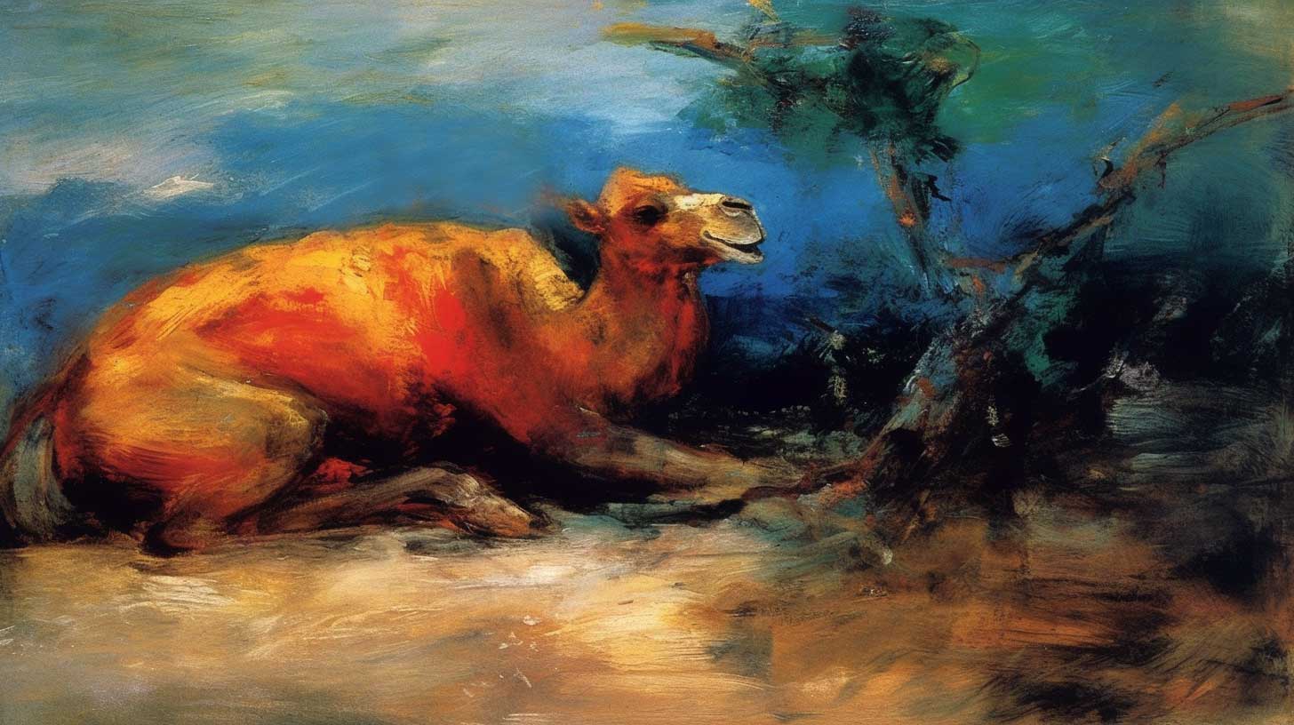 Painting of a camel who has no hump, from the Just So Story by Rudyard Kipling.