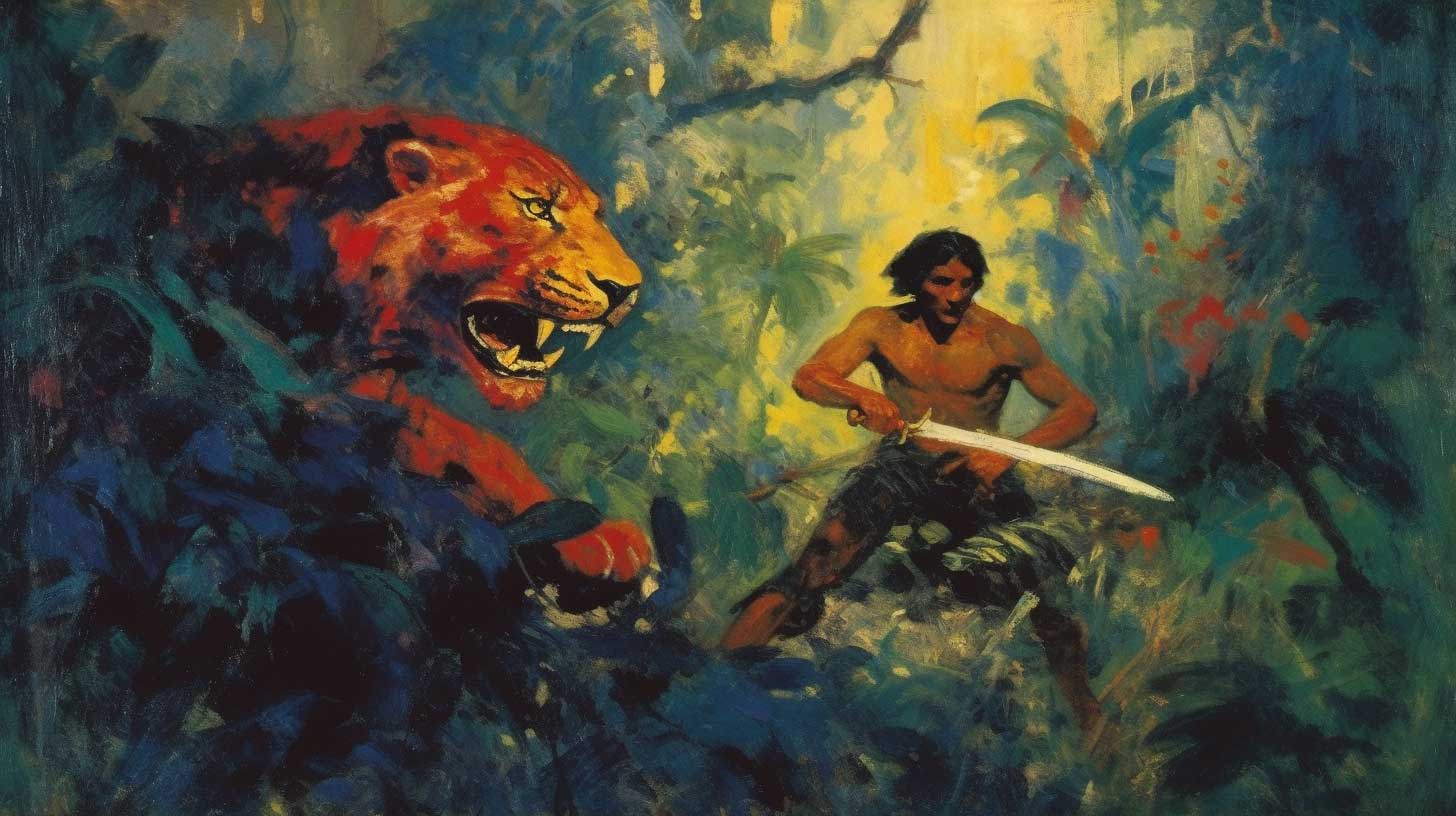 Painting of a ferocious leopard and an Ethiopian hunter hiding in the jungle.