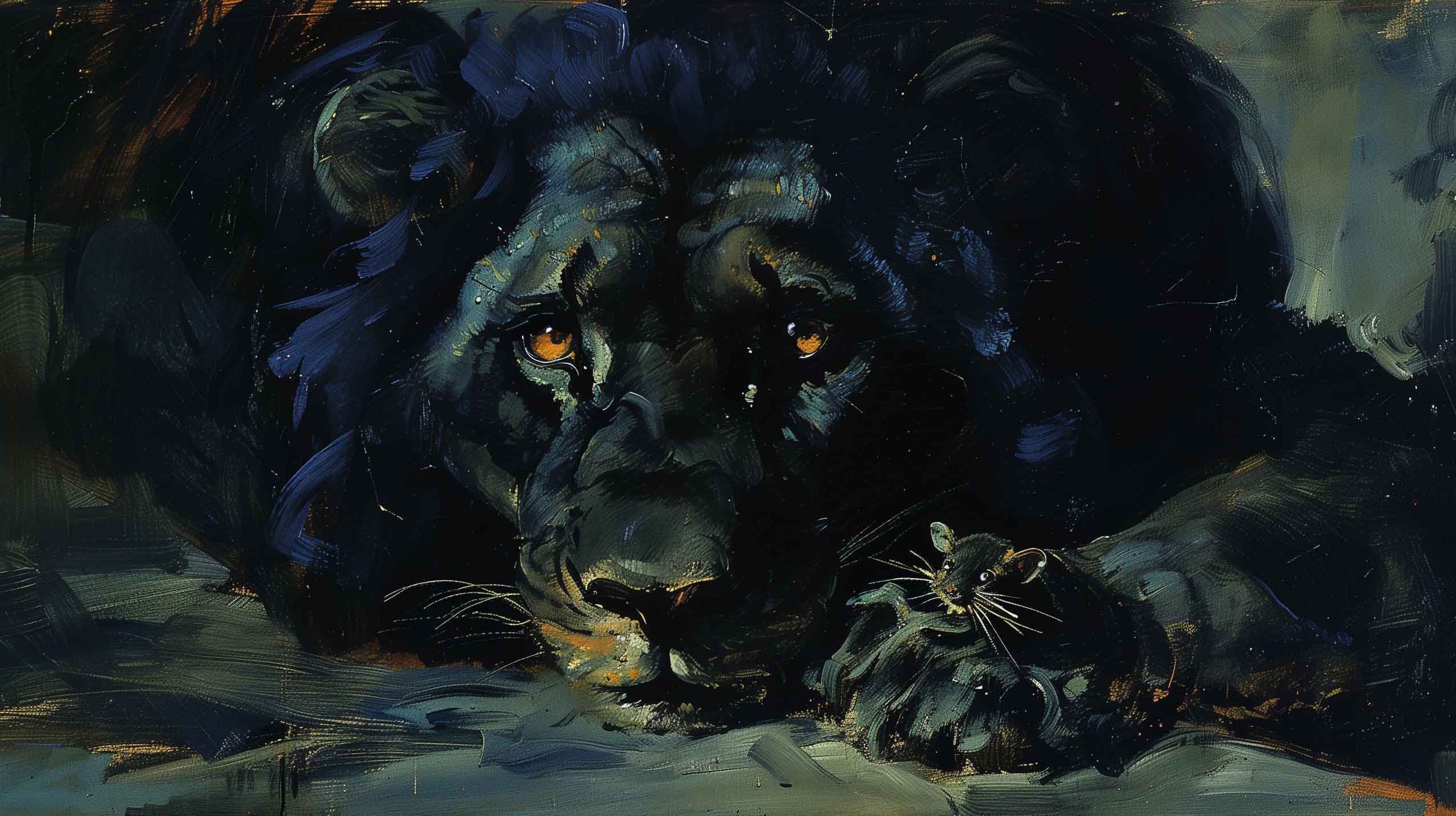 Painting of a lion and a mouse at night.