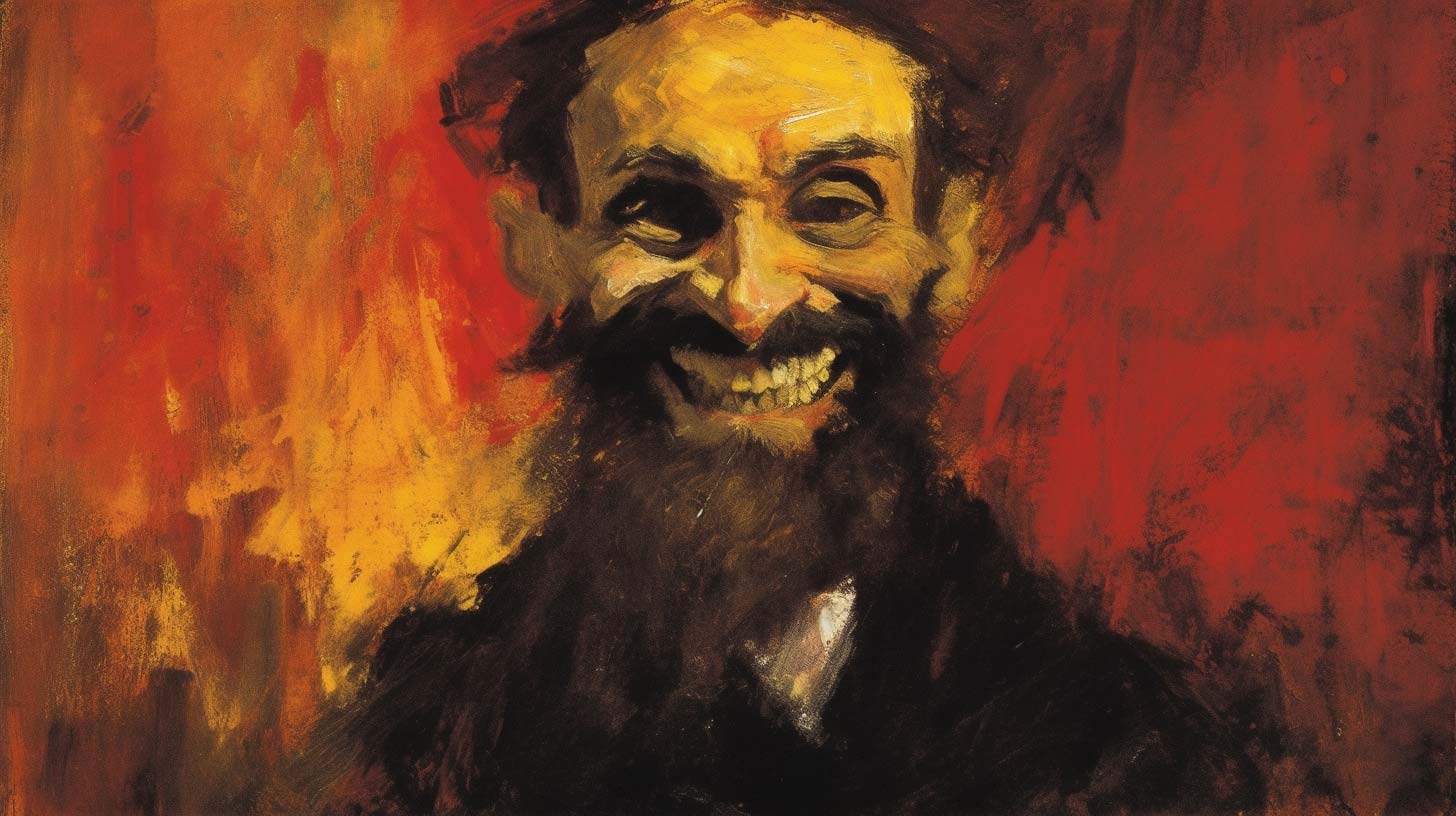 Painting of an envious one-eyed man grinning gleefully.