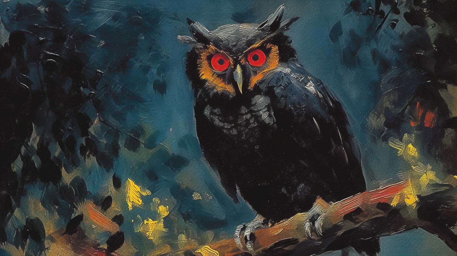 Painting of an owl hunting a grasshopper.