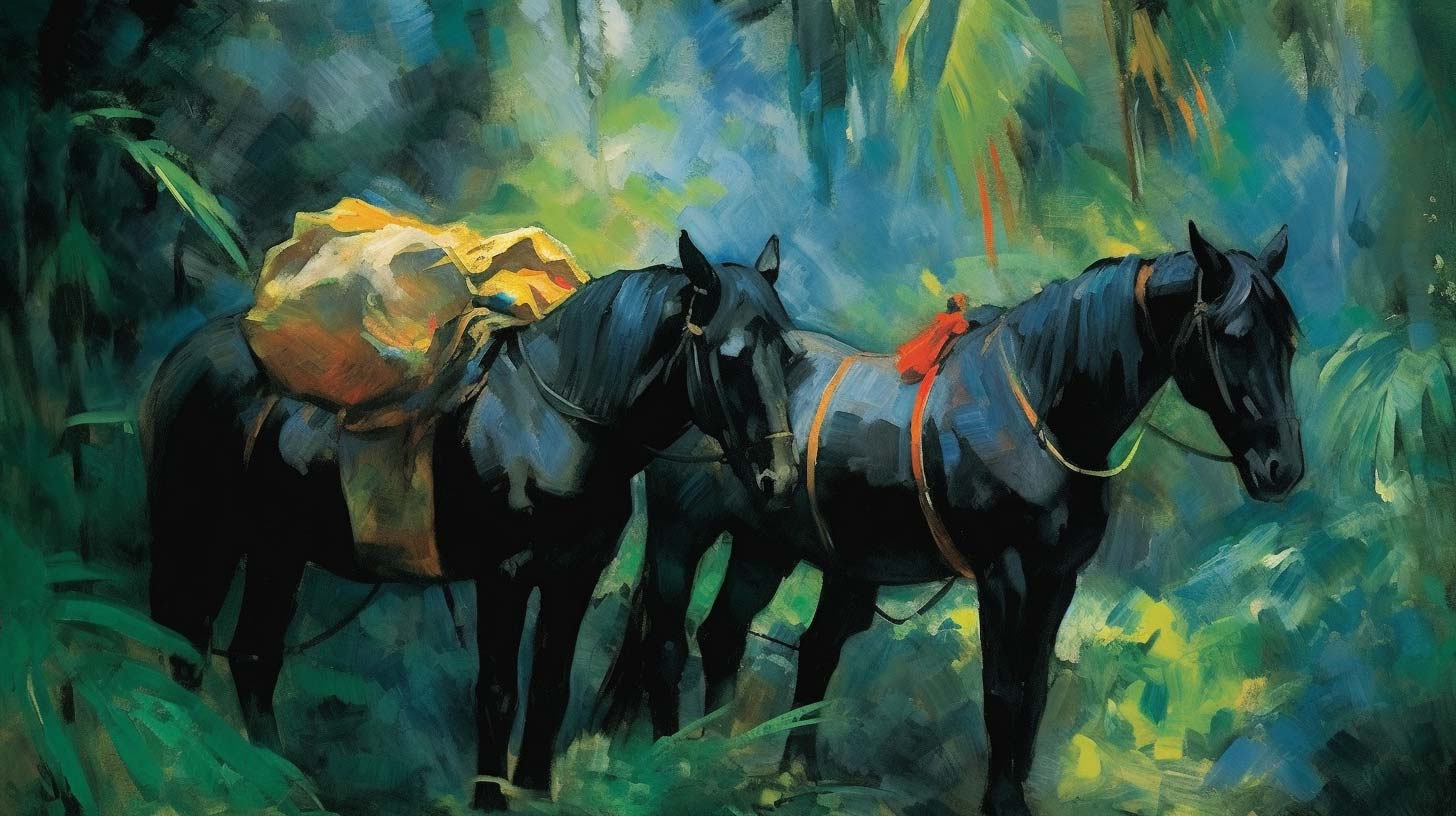 Illustration of two horses carrying furs to the market.