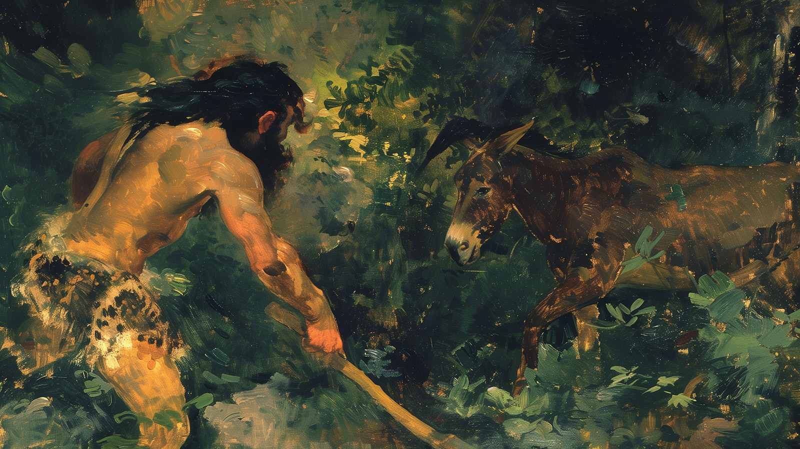 Painting of a wild barbarian man harrying a donkey with a club.