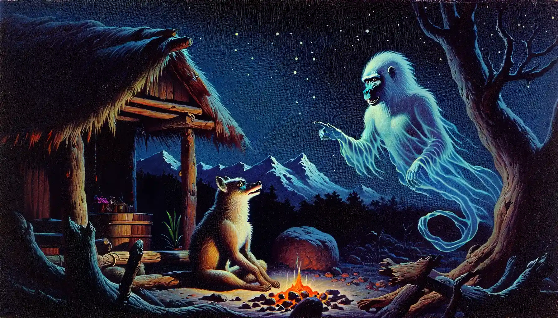 Illustration of the ghost of Baboon talking with Jackal, scheming about how to get their revenge on Hare.