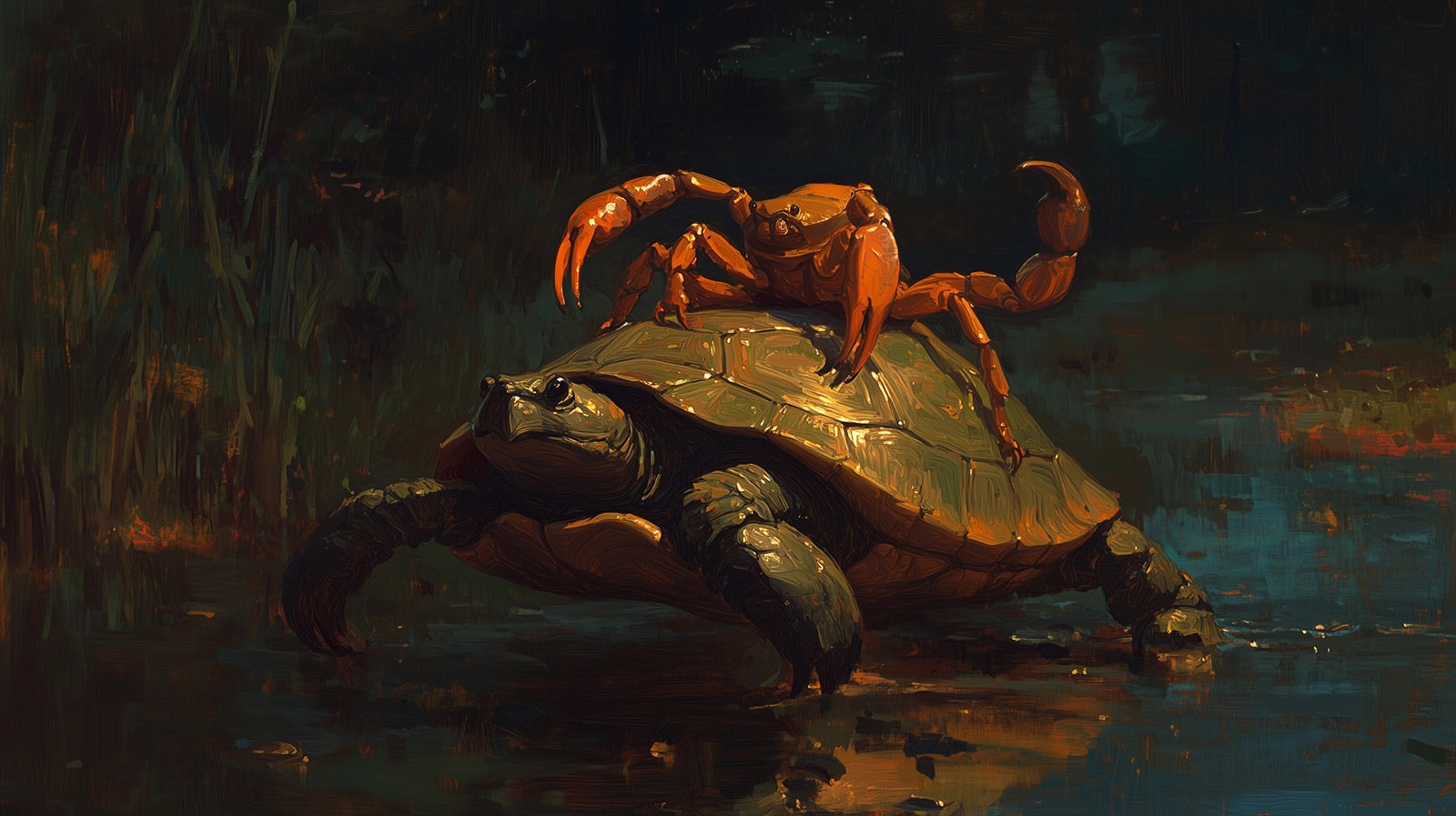 Digital painting of a scorpion riding a turtle across a river at night.