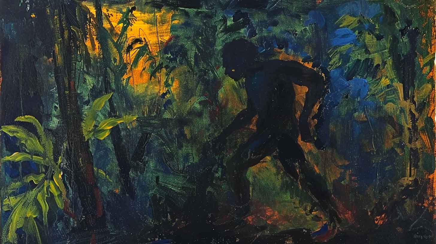 Illustration of a slave running through the Ancient Greek jungle to find Aesop the fabulist.
