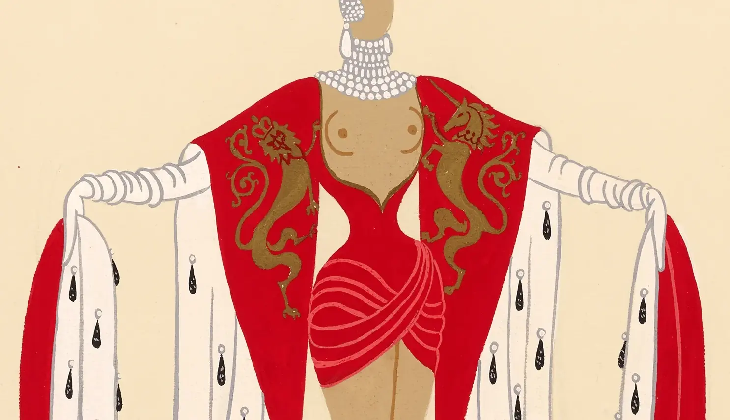 Cropped detail of Erté’s La Nouvelle Angleterre showing a nude woman in a red and ermine royal mantle decorated with a lion and unicorn