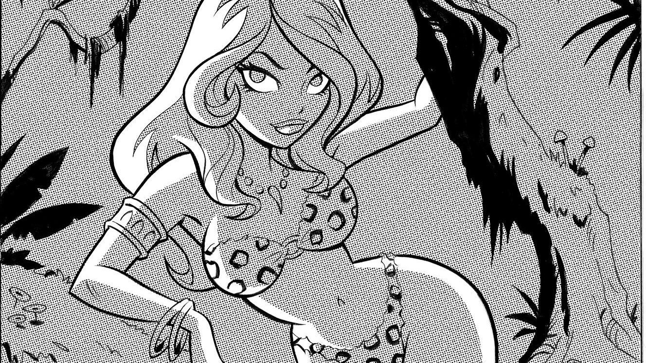 Landscape crop of Shane Glines’s halftone jungle woman illustration